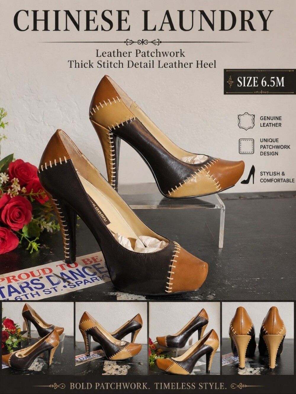 CHINESE LAUNDRY Leather Patchwork Thick Stich Detail Leather Heel 6.5M